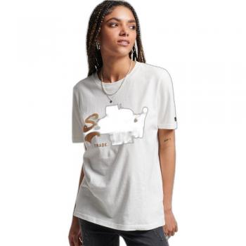 Camiseta Superdry Vl Embellish Beige mujer, manga corta, diseño vintage logo, color blanco dorado