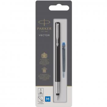 PARKER Vector pluma estilográfica, color negro con adorno cromado, plumín mediano, tinta azul, en blíster