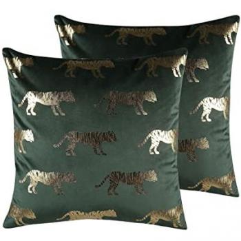 Conjunto de 2 cojines decorativos de terciopelo verde con estampado de tigre, 45 x 45 cm, decoración glamour