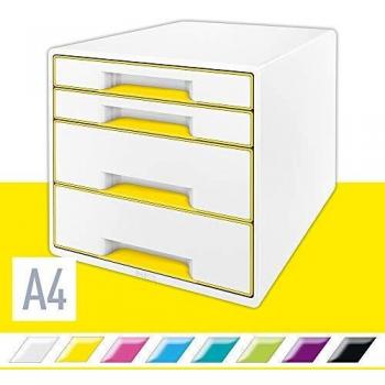 Leitz Buc de 4 Cajones A4 con Rotulador y Bandeja Transparente, Organizador, Gama WOW, Blanco/Amarillo