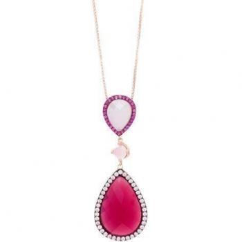 Colgante Sweet Dreams de Plata de Ley 0925 con baño de Oro Rosa, Piedra en Forma de Gota Cuarzo Color Fresa y Rosa, con pavé de circonitas Blanco y Fresa.