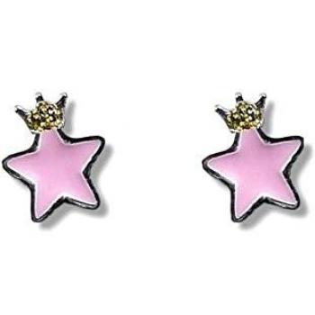 Pendientes plata Ley 925m niña 5mm. estrella esmaltada rosa corona dorada tornillo