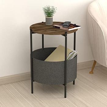 Mesa auxiliar Hofors redonda 60 x Ø 43 cm con cesta de almacenamiento, aglomerado/metal, roble antiguo/gris