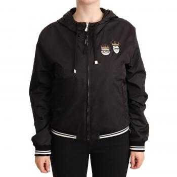 Black Polyester Hooded Bomber Full Zip Jacket