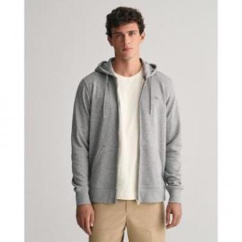 Gant Men's Regular Shield Full Zip Hoodie - Grey Melange - Casual Cotton Long Sleeve Size S