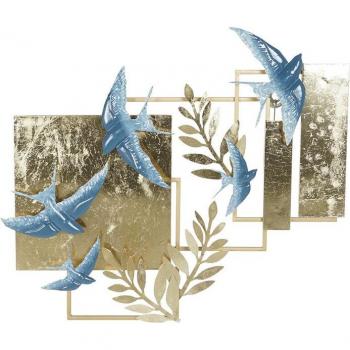 Decoración de Pared Metal Golondrinas en Azul y Dorado con Toque Glamour (84,5 x 8,3 x 72,4 cm)