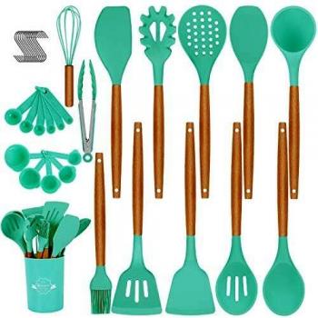 Duerer Utensilios Cocina de Silicona, juego de utensilios de cocina 36 piezas, herramienta de cocina antiadherente resistente al calor con mango de madera