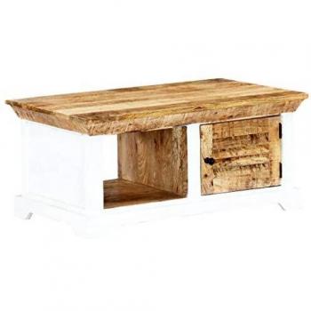 VidaXL - Mesa de café de madera de mango maciza con compartimiento para puerta, mueble de salón o té, 90 x 50 x 40 cm, color blanco y marrón