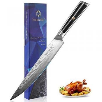 Sunnecko Cuchillo de Carne Damasco 20 cm Cuchillo de Cocina Professional cuchillo chef, Acero de Damasco Japonés VG-10, Navaja afilada para carne, verduras y frutas -Serie élite