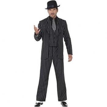 Smiffys-23042L Disfraz de Jefe gánster Vintage, con Chaqueta, Corbata, Chaleco y Pechera de Camisa, Pantalones, Color Negro, L-Tamaño 42-44