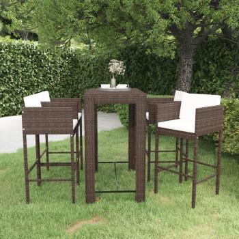 5-Piece Brown Poly Rattan Garden Bar Set with Cushions