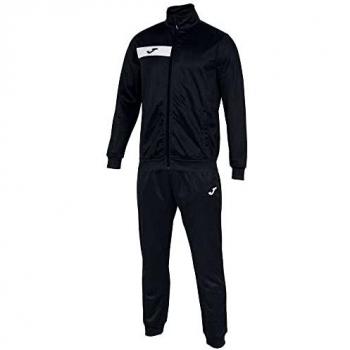 Chándal Joma Columbus Hombre Negro con detalles en blanco, fabricado en tejido transpirable, incluye chaqueta con cremallera y pantalones con cintura elástica y bolsillos