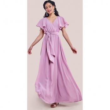 Goddiva Sustainable Chiffon Flutter Sleeve Wrap Maxi Dress