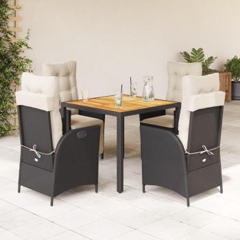 5-Piece Black Poly Rattan Garden Dining Set with Cushions