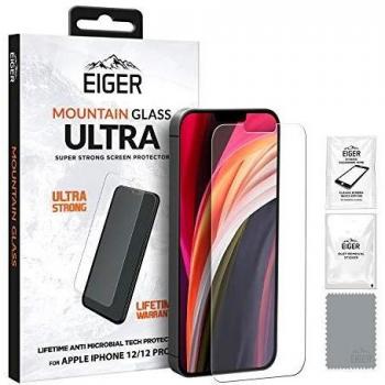 EIGER Mountain Glass Ultra - Protector de pantalla para iPhone 12/12 Pro Super Strength antibacteriano 2.5D con kit de limpieza