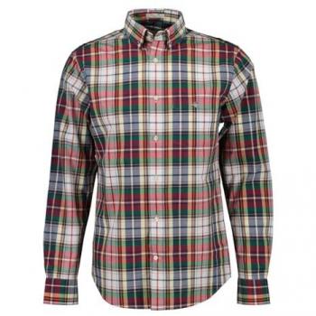 Camisa de Hombre Gant Regular Fit de Popelina a Cuadros Tartan Rojo Rubí, Manga Larga, Algodón