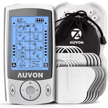 AUVON TENS Electroestimulador Digital, de doble canal para aliviar el dolor, electroestimulador TENS de unidad con 20 modos, 10 piezas de electrodos premium de 2x 2 con diseño patentado