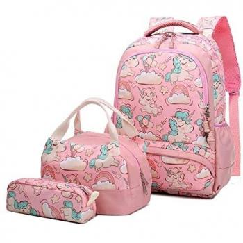 Mochila Escolar Unicornio Niña Infantil Adolescentes Sets de Mochila Backpack Casual Set con Bolsa del Almuerzo y Estuche de Lápices Rosa
