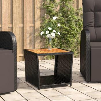 Mesa de centro Polyrattan y madera maciza de Acacia, color negro, con tapa de madera negra