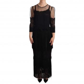 Dolce & Gabbana Black Sheer Floral Lace Crystal Maxi Dress - IT44|L, Maxi Dress, Female, Color: Black, Size: M, Features: Sheer floral lace design, crystal embellishments