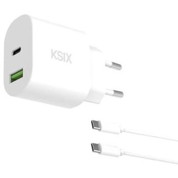 Cargador de Red Ksix 20W, Carga Rápida Power Delivery, GAN, USB-C + USB-A, Cable USB-C a USB-C 1 m, Blanco