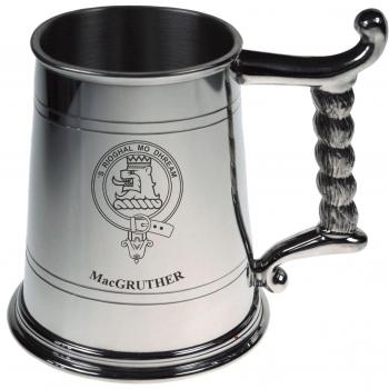 MacGruther Crest Tankard with Rope Handle in Polished Pewter 1 Pint Capacity