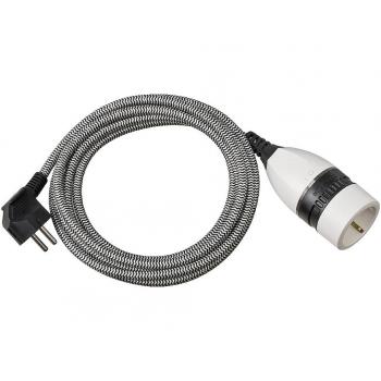 Cable de extensión Brennstuhl con interruptor giratorio, 5 m, gris/blanco, alargador eléctrico para interiores con cubierta textil y interruptor iluminado, negro/blanco