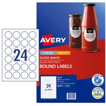 Avery L7147 24UP Round 40mm Gloss White Round Labels - Pack of 240