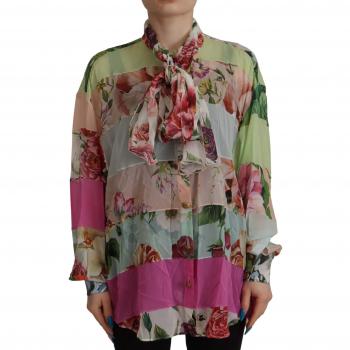 Dolce & Gabbana Multicolor Floral Patchwork Design Ascot Collar Top Blouse - IT42|M