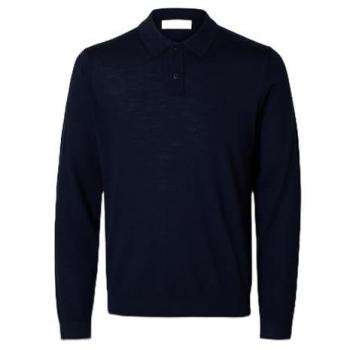Selected Homme Merino Long Sleeve Polo Pullover - Navy Blue - Size XXL