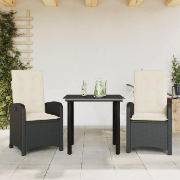 3-Piece Black Poly Rattan Garden Dining Set with Cushions