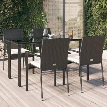 5-Piece Black Poly Rattan Garden Dining Set with Cushions