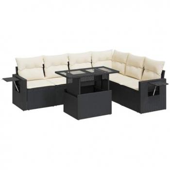 7-Piece Black Poly Rattan Garden Sofa Set with Cushions