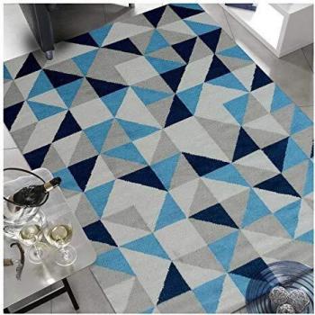 Alfombra Kilim Rectangular 170x240 cm Hecha a Mano en Lana Azul Cielo y Oscuro - Estilo Escandinavo