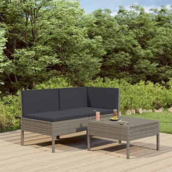 3-Piece Gray Poly Rattan Garden Lounge Set with Cushions