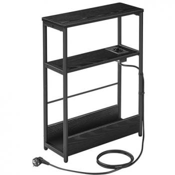 Mesa Auxiliar Estrecha con Enchufe Integrado, 3 Estantes y Revistero, Ideal para Espacios Pequeños en Salón, Dormitorio y Estudio - Negro Ébano y Negro Tinta