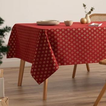 Mantel navideño jacquard de algodón rojo con copos de nieve y hilo dorado, rectangular 140x350 cm