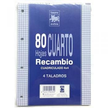 Recambio A5 Milimetrado 4T 80 Hojas Cuadros 4 mm 4 Taladros Tamaño Cuarto