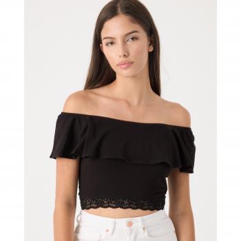Top de mujer con hombros descubiertos, escote elástico y detalle de volante y encaje