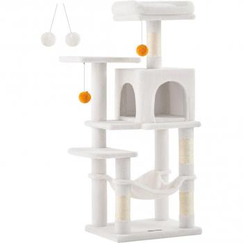 Feandrea Árbol para Gatos Multinivel de 143 cm, Torre de Gatos con 4 Postes Rascadores, 2 Plataformas, 1 Cueva, 1 Hamaca, 2 Pompones,