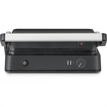 Severin KG 2398 Parrilla eléctrica de contacto con superficie antiadherente, potencia de 2000 W, diseño compacto y fácil almacenamiento vertical, termostato ajustable, indicador de temperatura, bandeja para recoger grasa