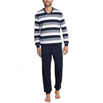 Pijama SCHIESSER Largo Azul con Puños para Hombre, Talla 56, 100% Algodón Jersey, Estilo Block Rayas