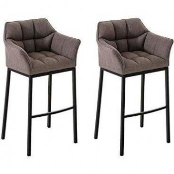 Set de 2 taburetes de bar Damaso en tela gris y negro con base de 4 patas, respaldo y reposabrazos