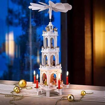 Pirámide de Navidad XL Clásica 4 Niveles en Madera Real con Decoración Giratoria y 6 Velas - Diseño Blanco