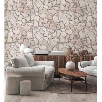 Papel Pintado Vinílico Lavable Muro de Piedra con Relieve Estilo Rústico Moderno Color Beige - Rollo 10 m x 0,53 m