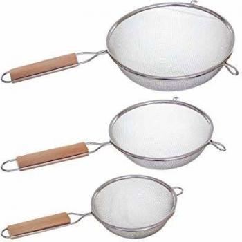 Set de 3 Coladores de Acero Inoxidable con Mango de Madera - Diámetros 12cm, 16cm, 20cm