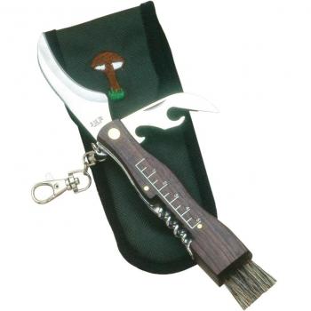 Cuchillo de campo con abridor, hoja de 70 mm, mango de madera y funda de nylon verde