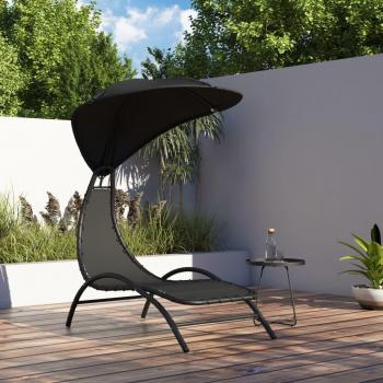 Tumbona con toldo de acero y tela 167x80x195 cm en color crema, negro y gris oscuro, ideal para jardín, playa, piscina y terraza