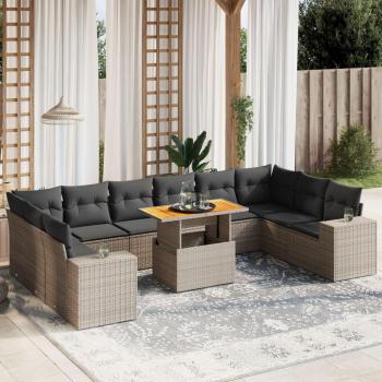 11-Piece Grey Poly Rattan Garden Sofa Set with Cushions