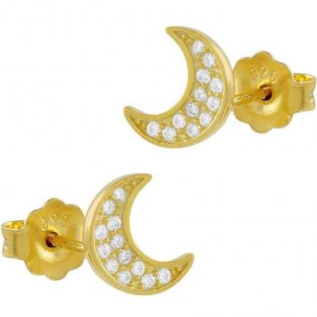 Pendientes Luna Mini de Plata Bañada en Oro con Circonitas Blancas